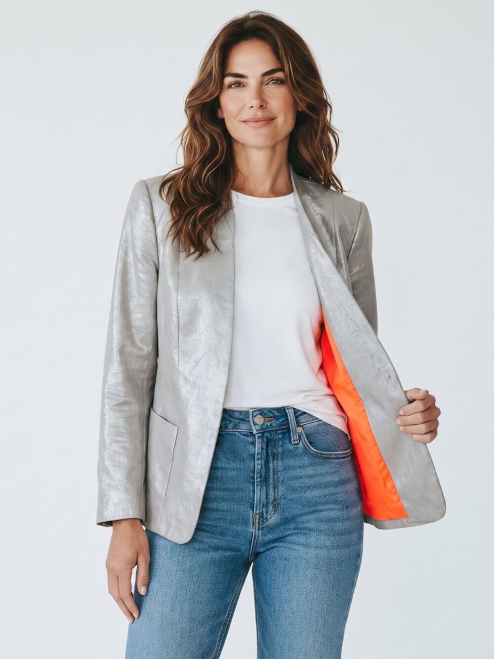 H&M Silver Metallic Open Front Collarless Statement Blazer